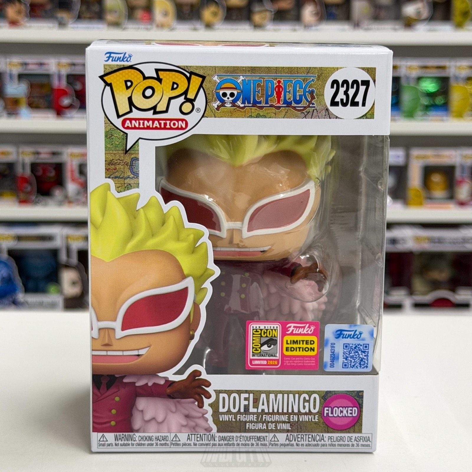 Funko Pop Anime One Piece Doflamingo Flocked 2327 SDCC 2026 OFFICIAL CON STICKER