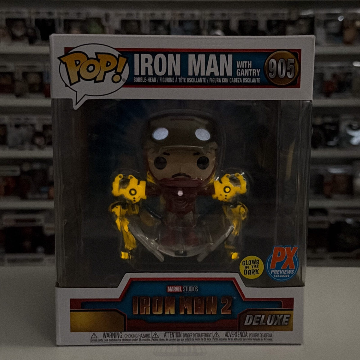 Funko Pop Marvel Iron Man w/Gantry GLow PX 905 MCU Superhero Deluxe Vinyl Figure