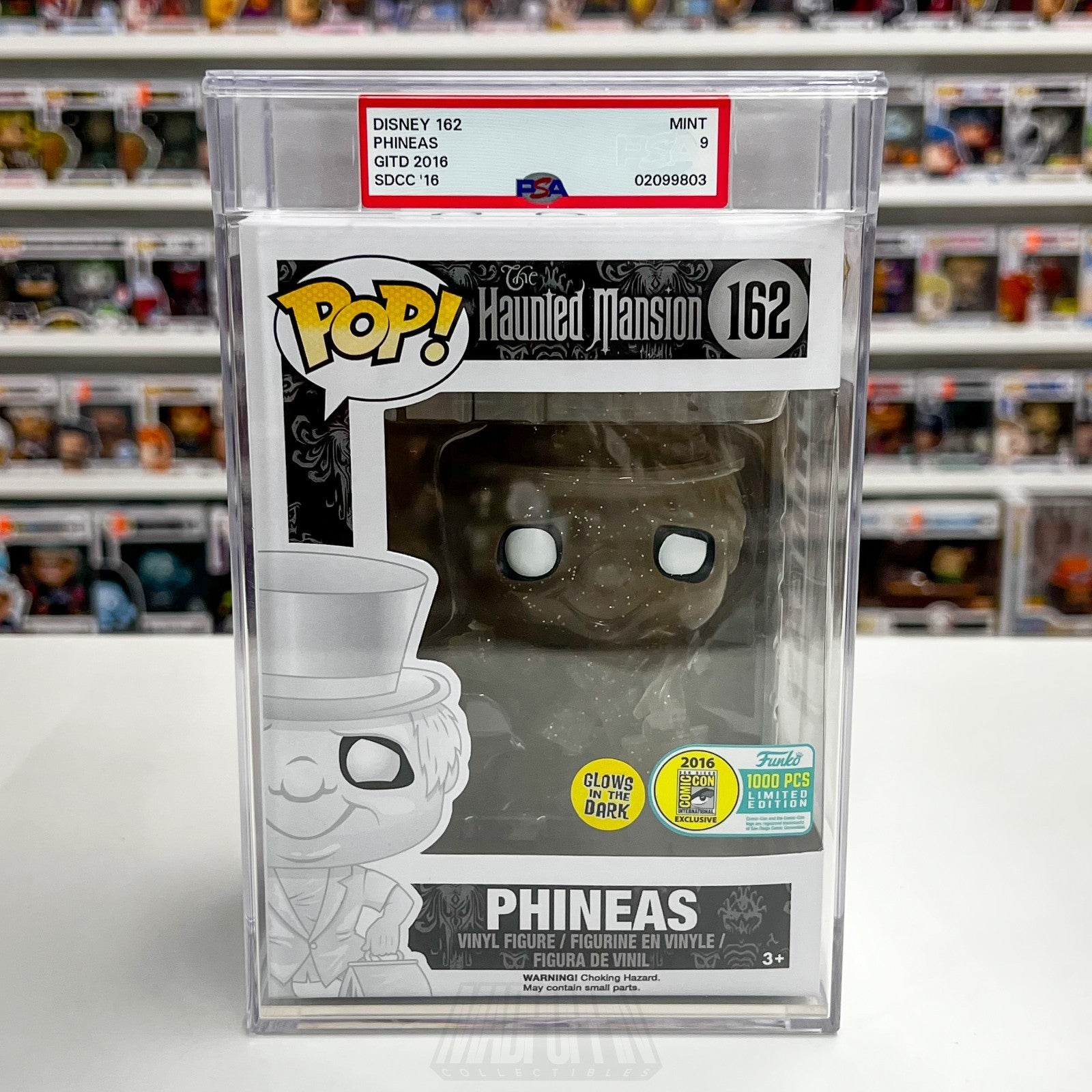 Funko Pop Disney The Haunted Mansion Phineas Glow SDCC 1000 PCS 162 PSA Graded 90