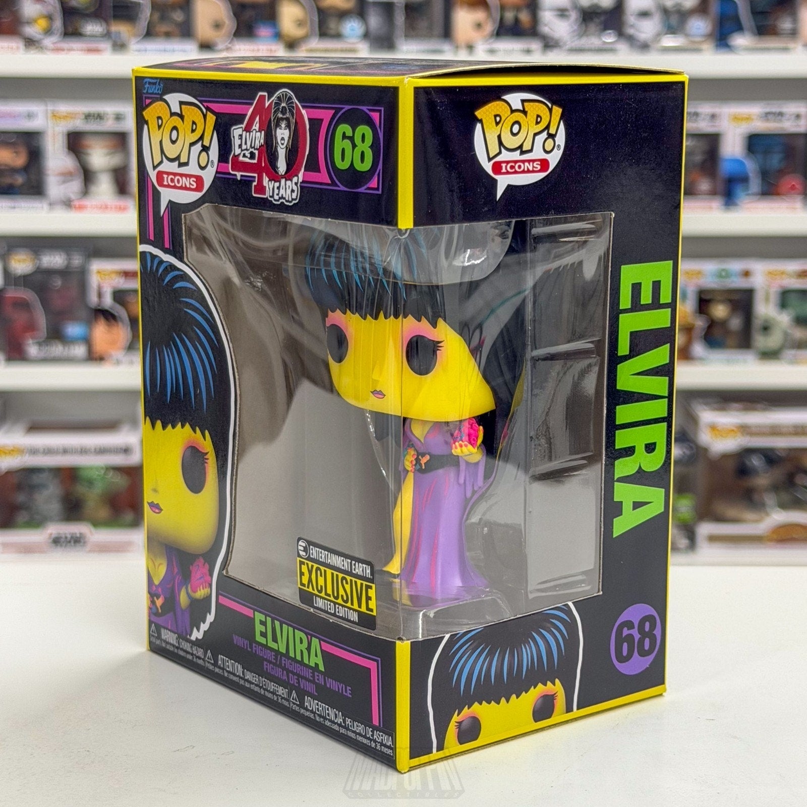 Funko Pop Icons Elvira Entertainment Earth Blacklight 68 Horror Toy Vinyl Figure