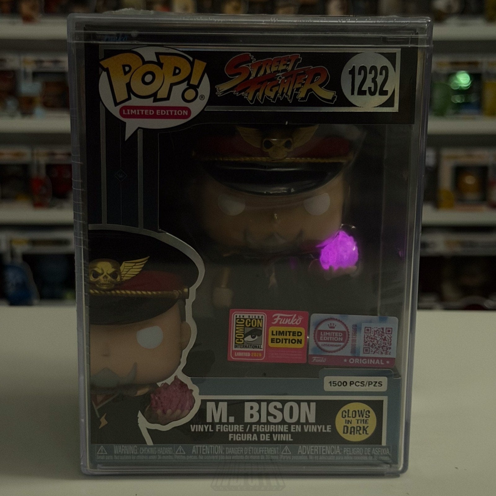 Funko Pop Street Fighter M Bison Glow 1232 1500 SDCC 2026 LEGENDARY CON STICKER
