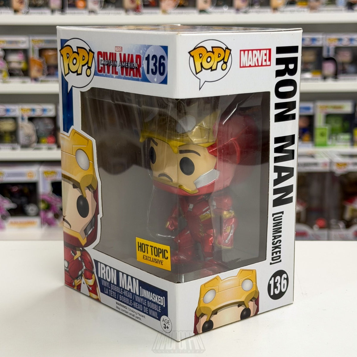 Funko Pop Marvel Civil War Iron Man Unmasked Hot Topic 136 MCU Tony Vinyl Figure