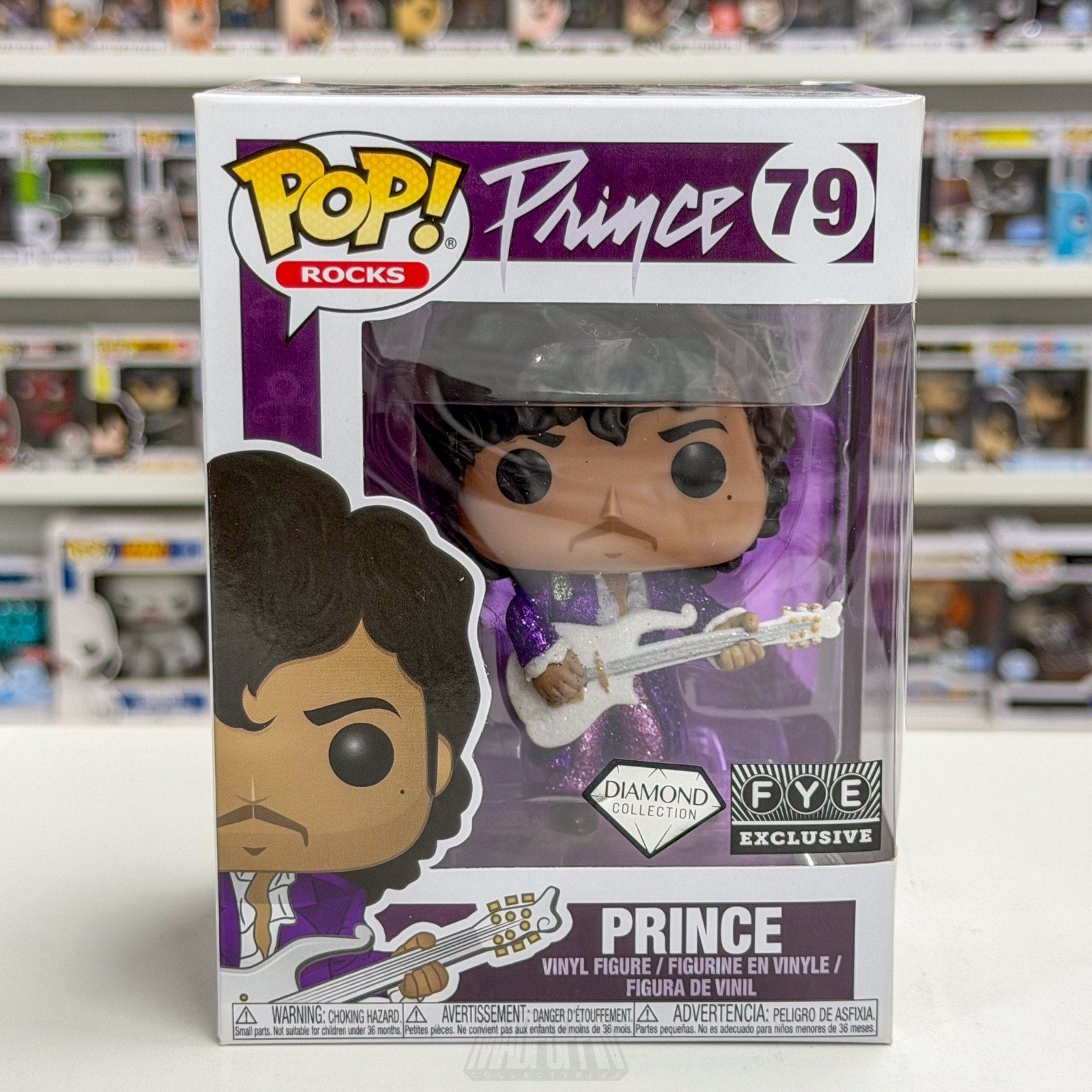 Funko Pop Rocks Prince w/Guitar Purple Rain Diamond Glitter FYE 79 Vinyl Figure