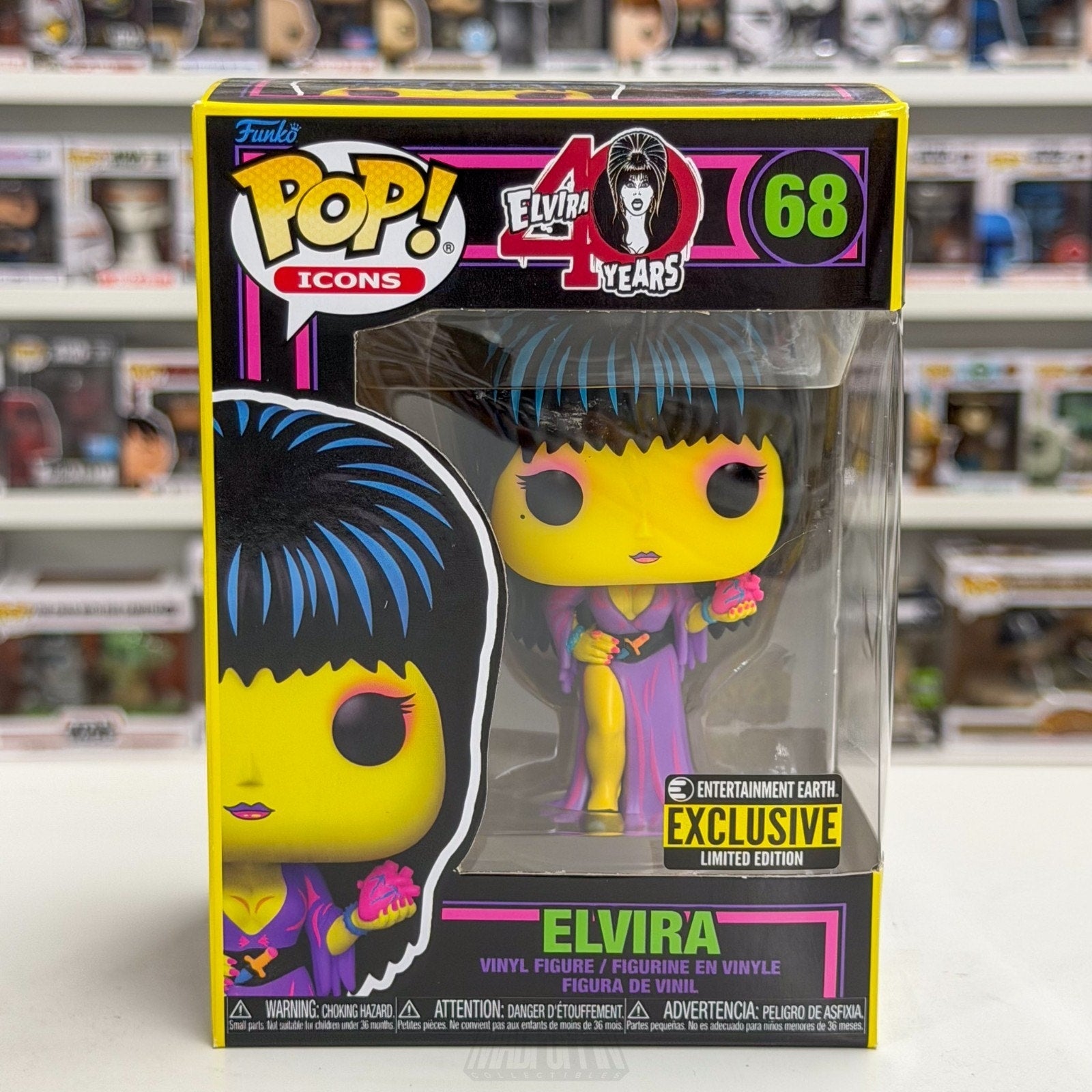 Funko Pop Icons Elvira Entertainment Earth Blacklight 68 Horror Toy Vinyl Figure